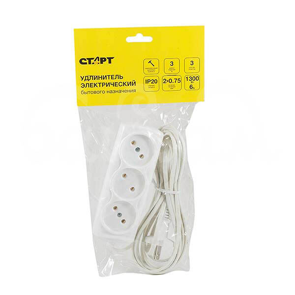Удлинитель бытовой Старт 3м 6А 1300Вт 3гнезда P16-010