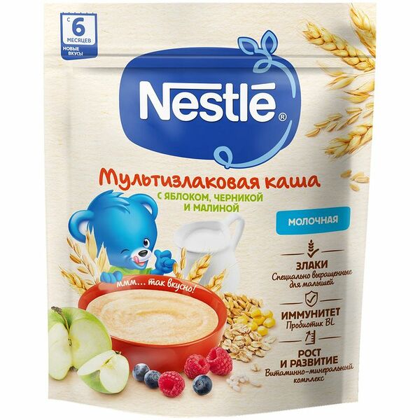 Каша Nestlé молочная мультизлаковая с яблоком, черникой и малиной с 6 мес с бифидобактериями BL