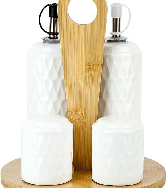 Набор для специй Nouvelle Home Naturel Солонка + Перечница + Бутылки для масла 2шт*200мл на бамбуковой подставке