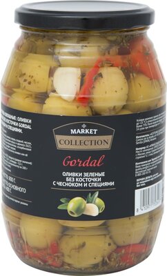 Оливки Market Collection Gordal без косточки с чесноком и специями 800г