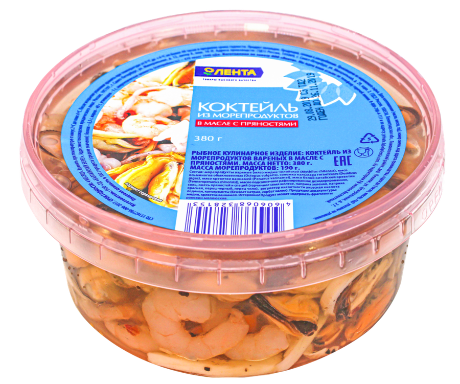 

Коктейль из морепродуктов Лента в масле с пряностями 380 г