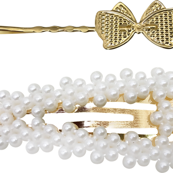 Набор для волос B&H заколка клик-клак, невидимка, золото, жемчужный, Арт. W0162, 2шт