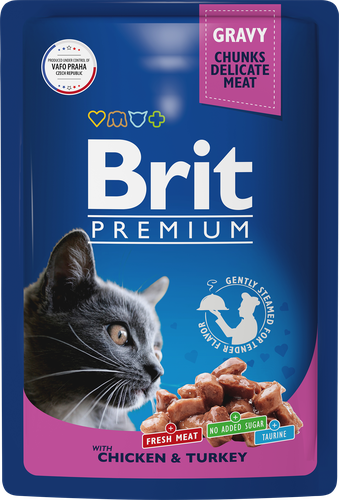 

Влажный корм для кошек Brit цыпленок-индейка в соусе жидкий 85 г