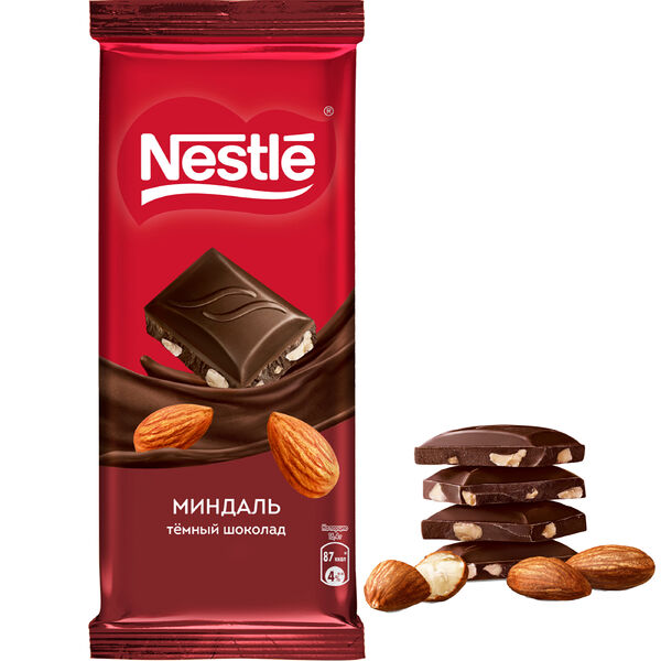 Nestle. Темный шоколад с миндалем вес 82 г