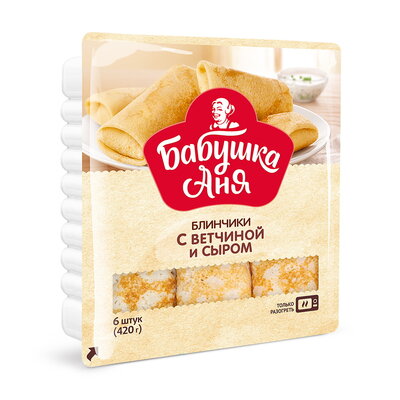 Блинчики с ветчиной и сыром "БАБУШКА АНЯ", зам.,420гр. П/ф фарш.мясосод.выс.степ.гот.