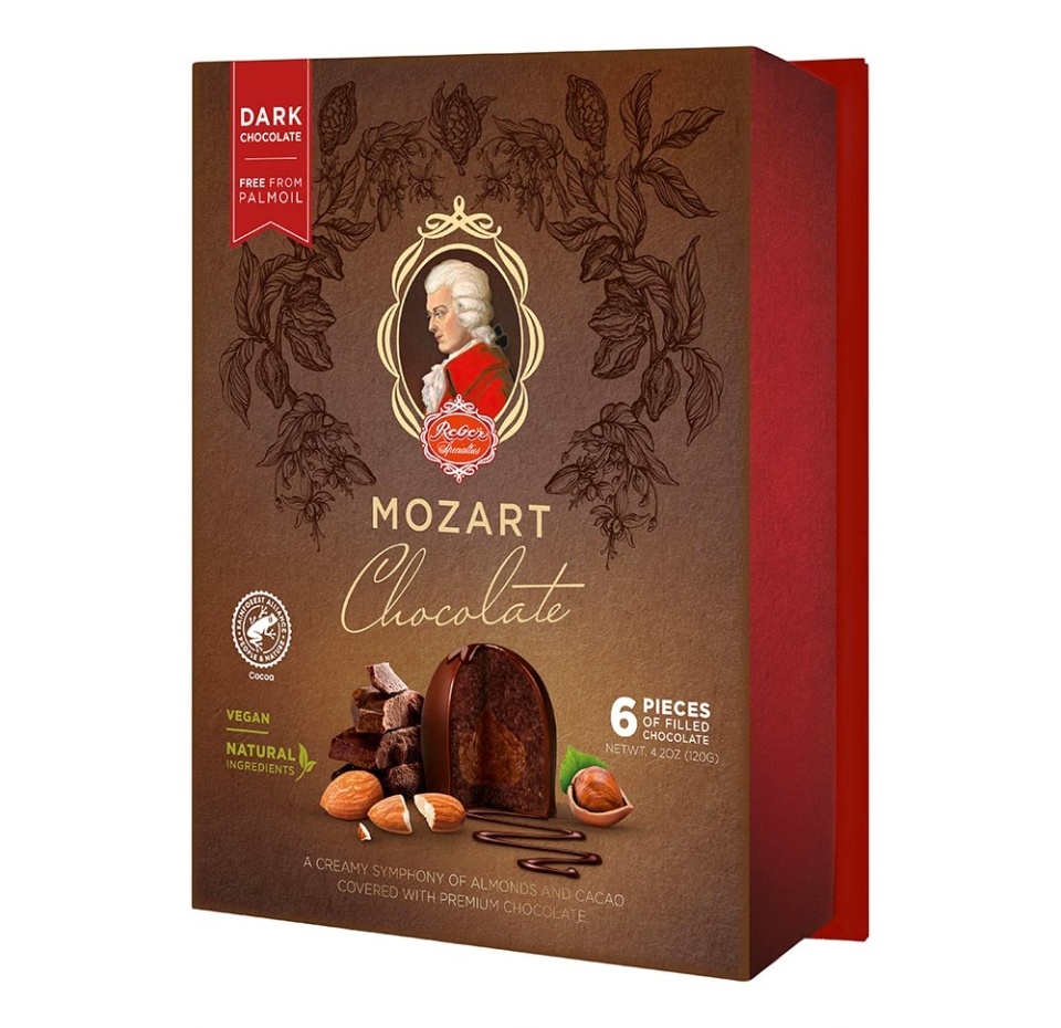 

Конфеты из горького шоколада Reber "Mozart Kugeln" с начинкой из орехового пралине и марципана 120 г