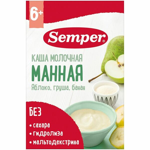 Каша Semper Манная с яблоком грушей и бананом молочная с 6 месяцев 180г