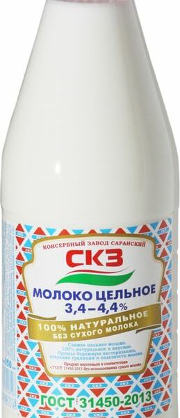 Молоко СКЗ цельное пастеризованное 3.4-4.4% 950мл