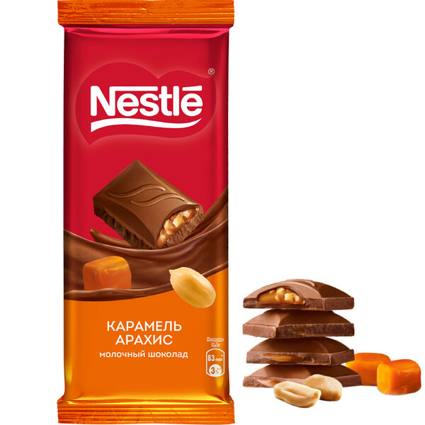 Nestle. Молочный шоколад с карам. и арахисом вес 82 г