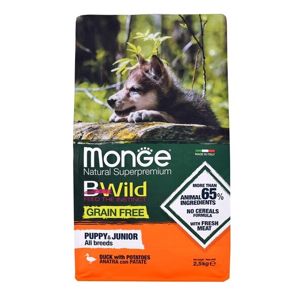 Сухой корм для щенков всех пород Monge Dog BWild беззерновой, из мяса утки с картофелем 2,5 кг
