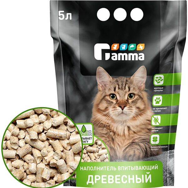 Наполнитель для кошачьих туалетов Gamma древесный впитывающий крупные гранулы 5л