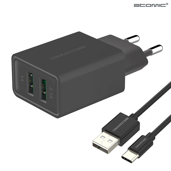 Сетевое зарядное устройство Atomic U207 с кабелем Type-C 100 см, 2.1A, черный