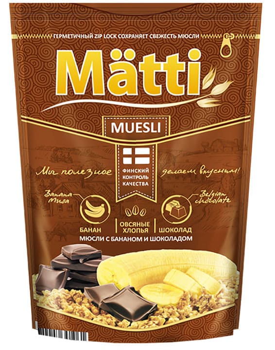 

Мюсли Matti Muesli Банан и шоколад 250 г дизайн упаковки в ассортименте