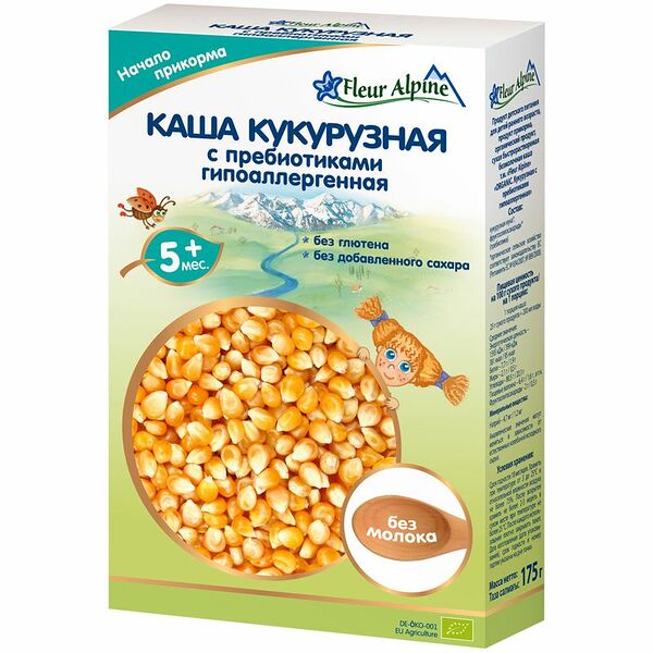 Каша безмолочная детская Fleur Alpine Кукурузная с пребиотиками гипоаллергенная, с 5 месяцев, 175г