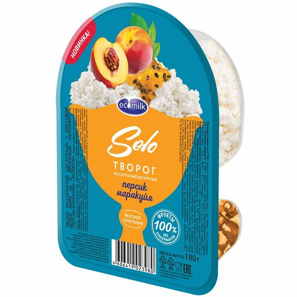 Творог Экомилк Десертный Персик-Маракуйя рассыпчатый 5%, 180г