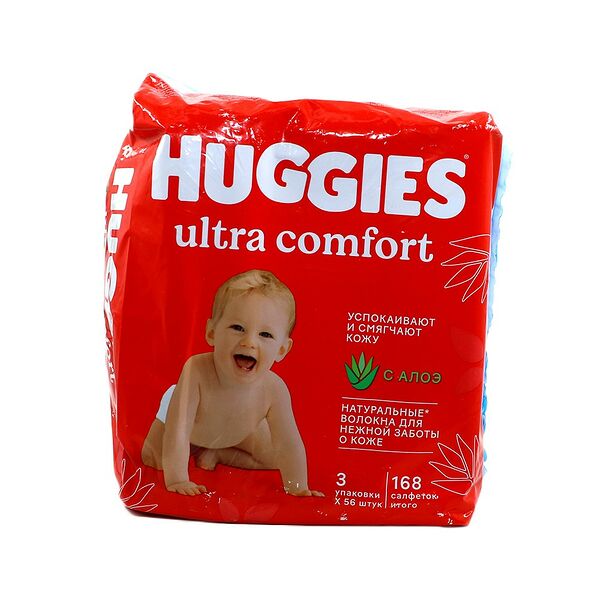 Салфетки влажные многослойные детские Huggies Ultra Comfort с Алоэ Вера и витамином Е (56х3) 168 шт