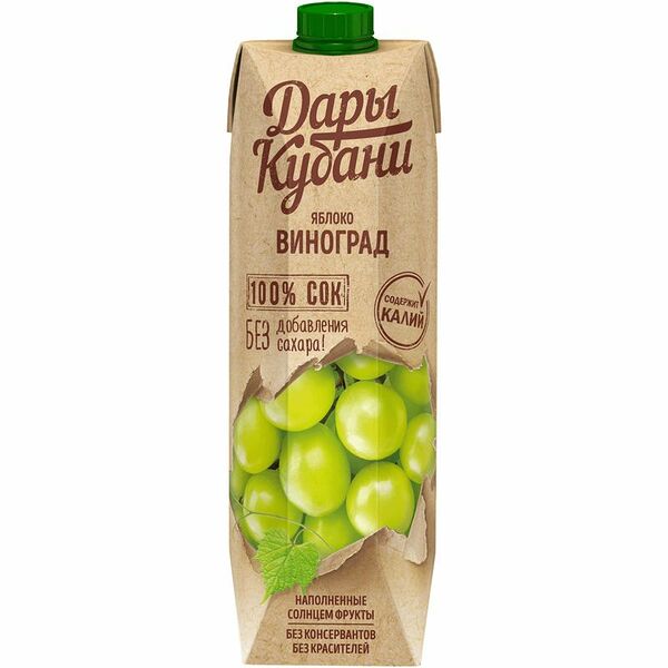 Сок Дары Кубани яблочно-виноградный восстановленный осветленный, 0.95 л