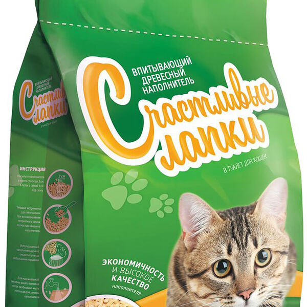 Счастливые лапки наполнитель древесный впитывающий 6 кг.