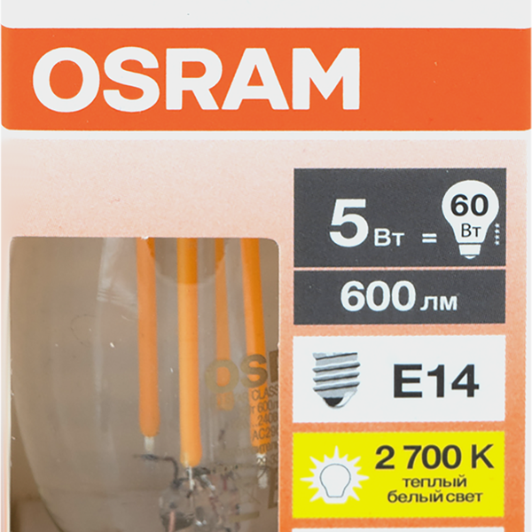 Лампа светодиодная OSRAM LED Star, 5Вт, 2700К, теплый белый свет, E14, колба B
