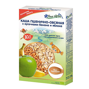 Каша безмолочная пшенично-овсяная с кусочками банана и яблока с 10 месяцев, Fleur Alpine БИО