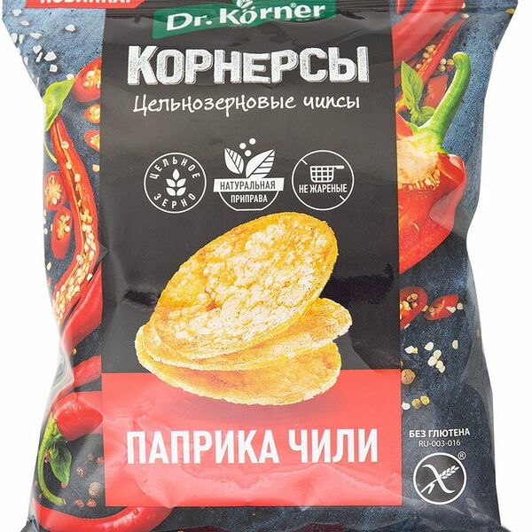 Чипсы кукурузно-рисовые цельнозерновые Dr. Korner с паприкой и перцем чили