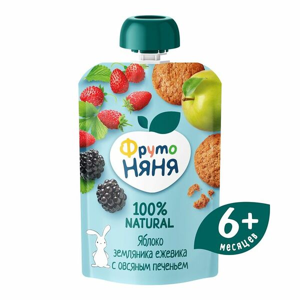 Пюре ФрутоНяня с овсяным печеньем яблоко-земляника-ежевика с 6 месяцев, 90г
