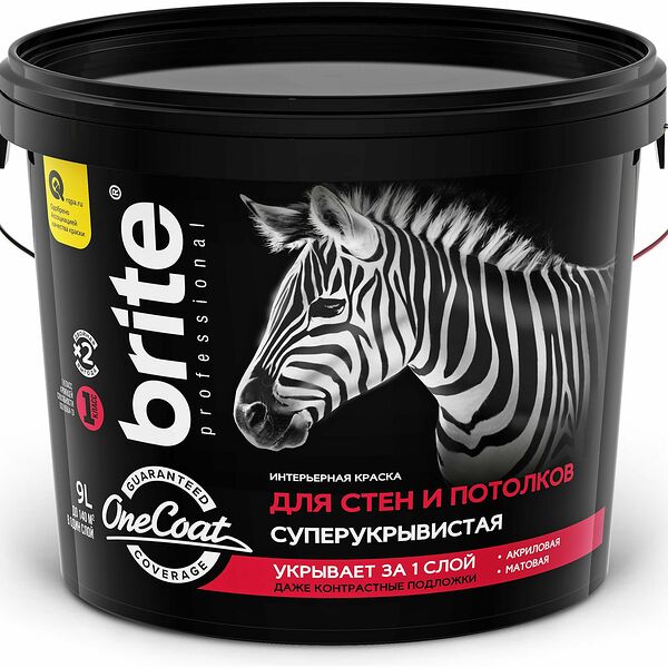 Краска для стен и потолков BRITE PROFESSIONAL ONE COAT база А ведро 9 л