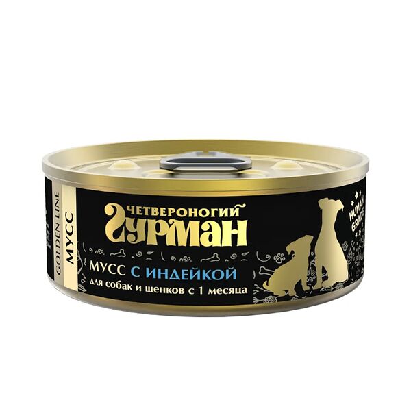 Корм Четвероногий Гурман консервированный для собак и щенков Golden line Мусс с индейкой,100г