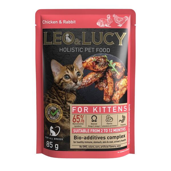 Корм влажный для котят Leo&Lucy кусочки в соусе с курицей, кроликом и биодобавками 85г, Россия