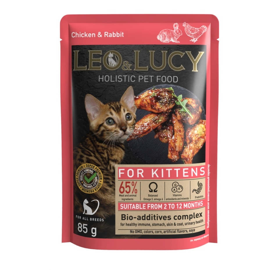 

Корм влажный для котят Leo&Lucy кусочки в соусе с курицей, кроликом и биодобавками 85 г