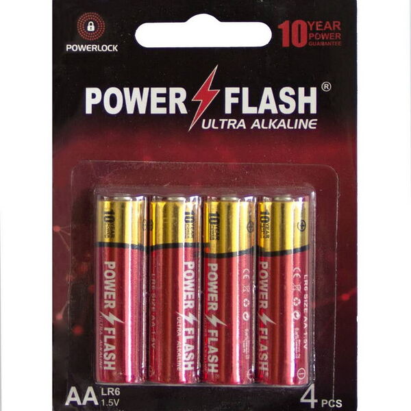 Батарейки «Power Flash» Ultra Alkaline АА, 1.5 V, 4 шт, ресурс 420 - 430 мин.