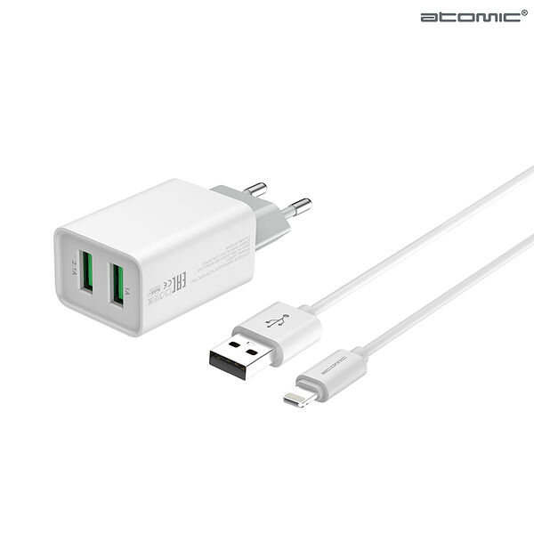 Сетевое зарядное устройство Atomic U207 с кабелем Lightning 100 см, 2.1A, белый
