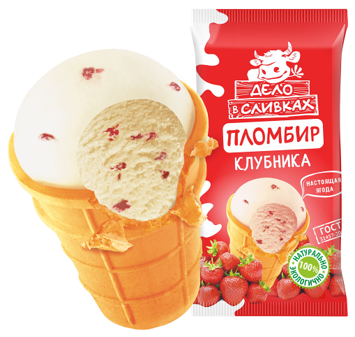 Мороженое пломбир Дело в сливках с ягодой клубники в вафельном стаканчике 70 г
