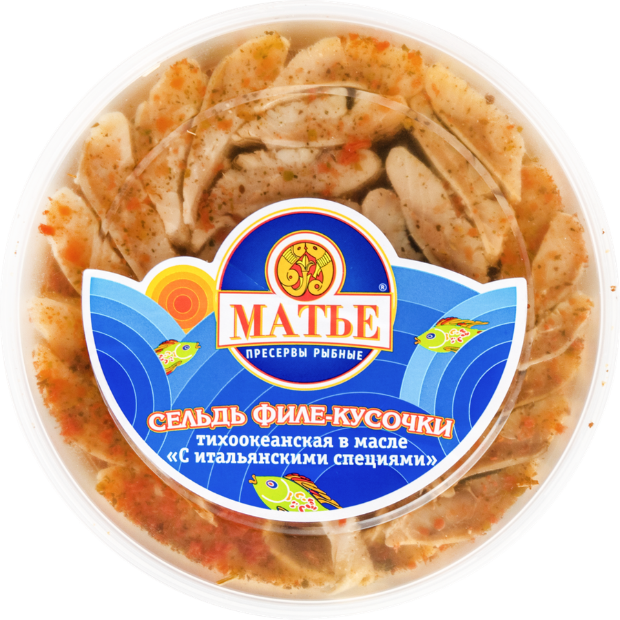 

Сельдь Матье филе-кусочки в масле с итальянскими специями 365 г