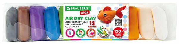 Пластилин BRAUBERG Kids лёгкий воздушный застывающий 12 цветов