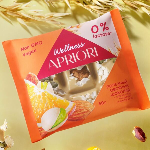 Apriori Wellness овсяный шоколад с апельсином, миндалем и фисташкой