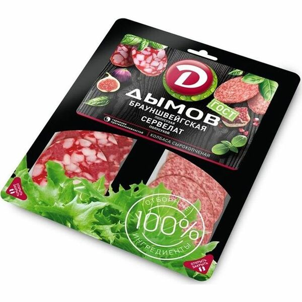 Колбаса Дымов Сервелат Брауншвейгская сырокопченая нарезка 90 г