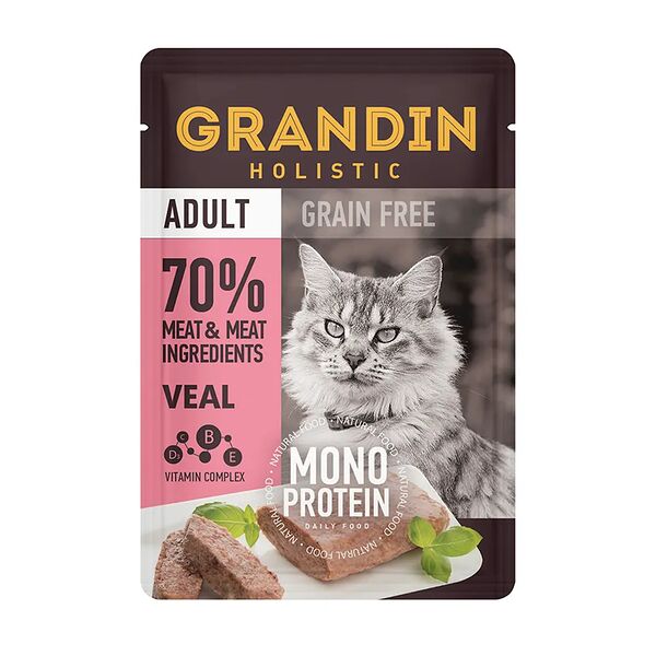 Adult Grain free Monoprotein Влажный корм Grandin (пауч) для взрослых кошек, патэ из нежного мяса телятины в желе, 85 гр.