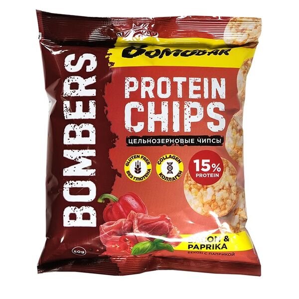 Протеиновые чипсы Bombbar цельнозерновые Бекон с паприкой (без глютена) 50 г