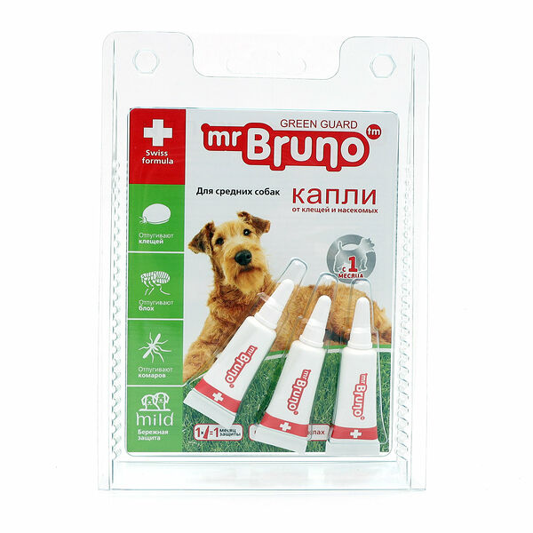 Капли от клещей и насекомых для средних собак Mr. Bruno 3 шт по 2.5 мл