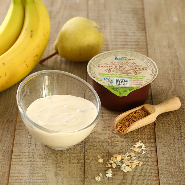 Йогурт Бирхер- мюсли груша-банан-овсянка-лён на сиропе топинамбура 2,7% МясновЪ Ферма