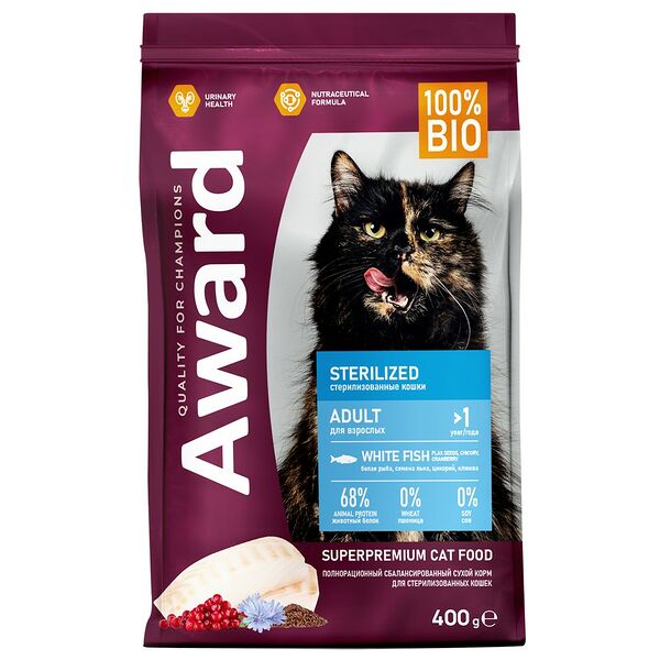 Award Sterilized сухой корм для стерилизованных кошек, с белой рыбой, клюквой и цикорием, 400 г