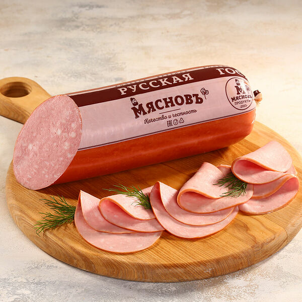 МясновЪ колбаса Русская Гост вареная в целлофановой оболочке