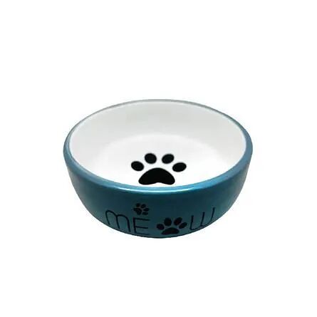 Миска N1 керамическая синяя с лапкой кошки для кошек 320 мл