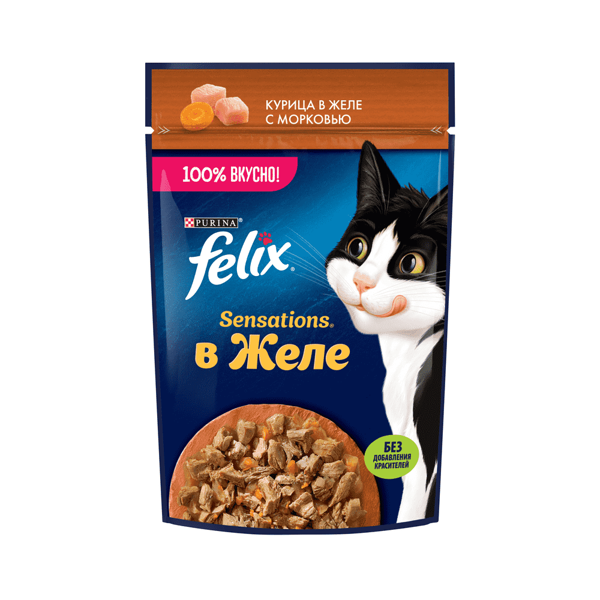 Корм для кошек Felix Sensations с курицей в желе с морковью