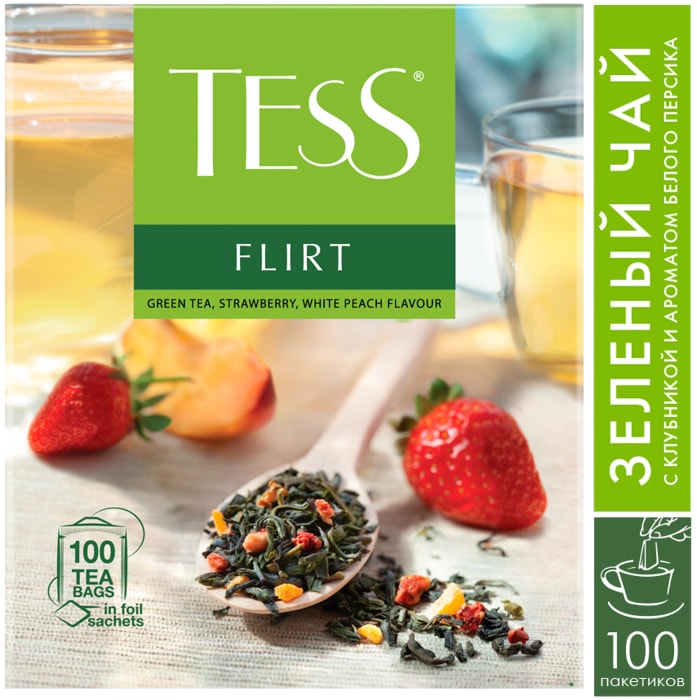 

Чай зеленый Tess Flirt с клубникой и ароматом белого персика 100х1.5 г