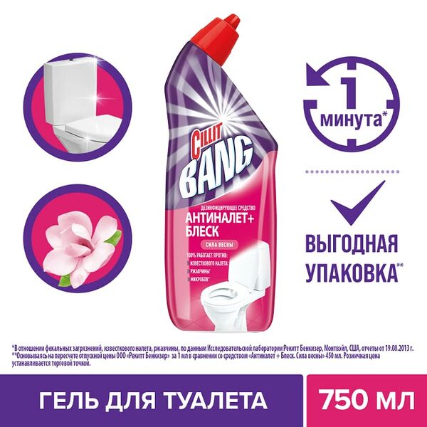 Средство для туалета Cillit Bang Антиналет + Блеск Сила весны дезинфицирующее 750мл