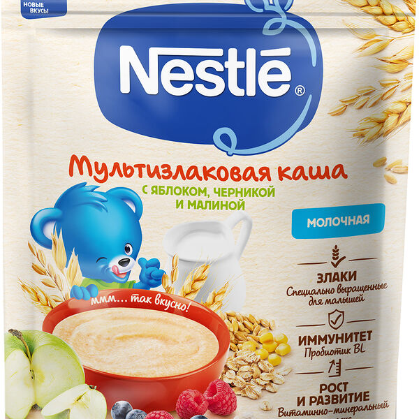 Детская каша молочная Nestle Мультизлаковая с яблоком, черникой и малиной с бифидобактериями