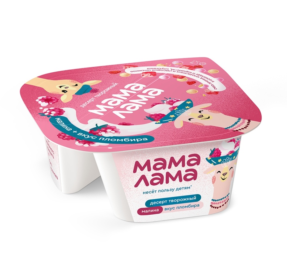 

Десерт творожный Мама Лама с малиной и вкусом пломбира, смесью печенья, кукурузных и рисовых шариков 5.7%