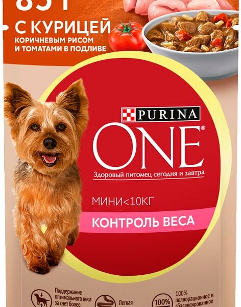 Влажный корм для собак Purina ONE с курицей коричневым рисом и томатами 85г